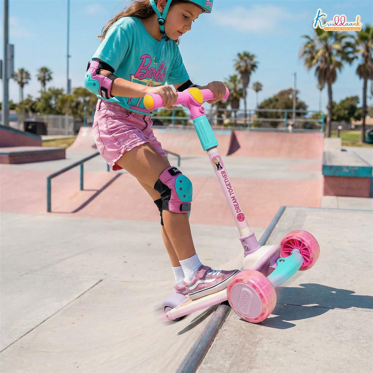 Kriiddaank Barbie Adventure Rider Kick Scooter for Kids - 3-Wheel with LED Light Up Wheels, 3-Level Adjustable Height & Easy Fold Design, Pink Skate Scooter for Girls Ages 3-12 Years (Up to 25Kg)