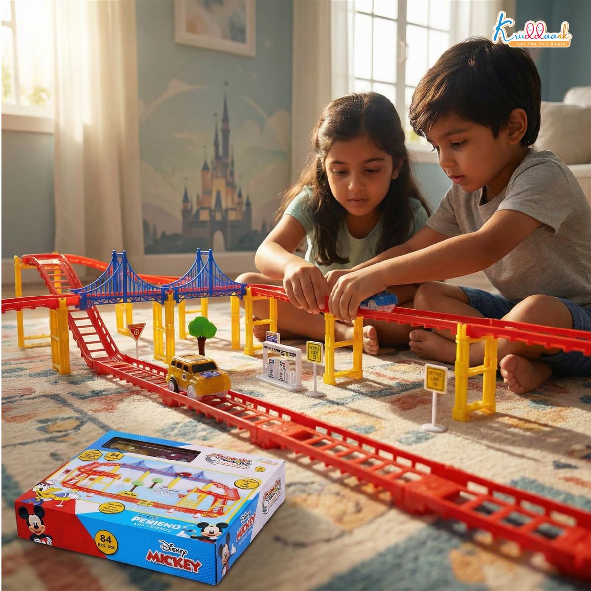 Disney Mickey Track Medium (84 Pcs) â€“ DIY Racing Track Set with 2 Cars, Bridges, Roadway Signs, Traffic Cones & Petrol Pump, Battery Operated Toy for Kids 3+ Years Old