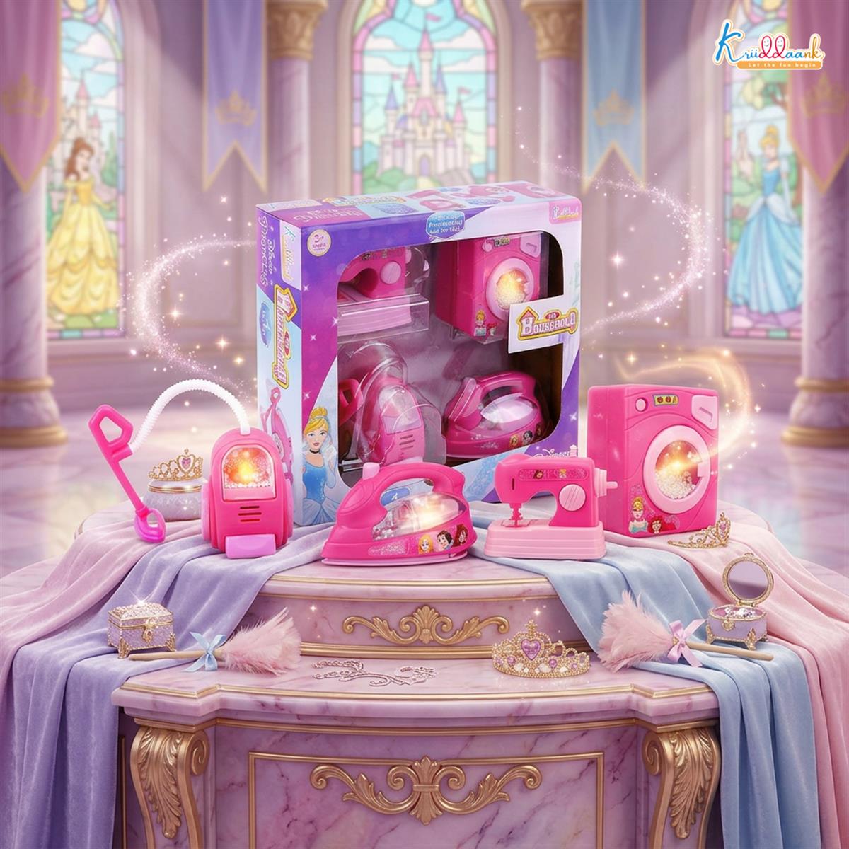 Disney Princess Theme 4pc Household Role Play Set - Includes Toy Washing Machine, Vacuum Cleaner, Iron & Hair Dryer - Educational & Fun Pretend Play Home Decoration Kit for Kids Ages 3+