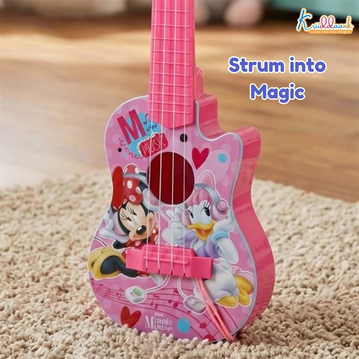 Minnie Mouse Theme 4-String Toy Guitar for Girls - Lightweight & Durable Educational Musical Instrument for Toddlers - Pink Disney Character Guitar for Kids Ages 3+, 43cm