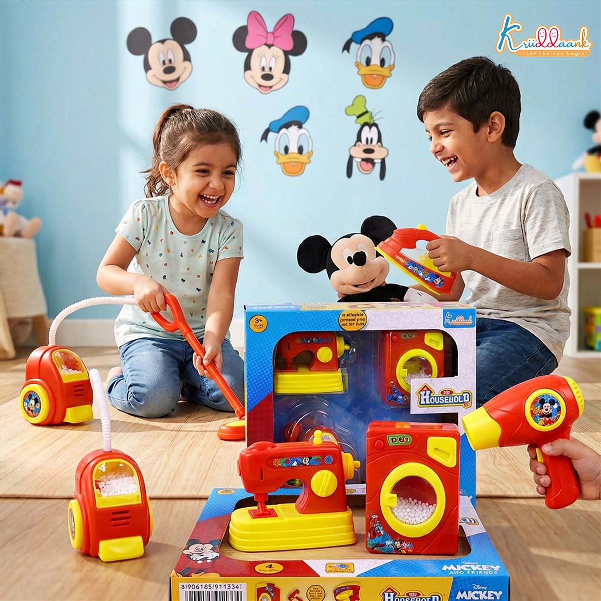 Disney Mickey Mini Household Set (4pcs) - Toy Hair Dryer, Vacuum Cleaner, Washing Machine & Iron - Battery Operated Role Play Set for Kids 3+ - Fun & Educational Red/Multicolor Gift