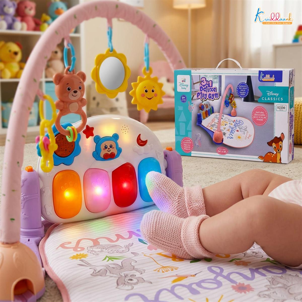Classic Theme Musical Baby Gym for Infants with Piano Keyboard, Lights & Hanging Toys | Disney Classic Activity Play Mat for 0-3 Years | Sensory Development Floor Gym for Boys & Girls (Multicolor)