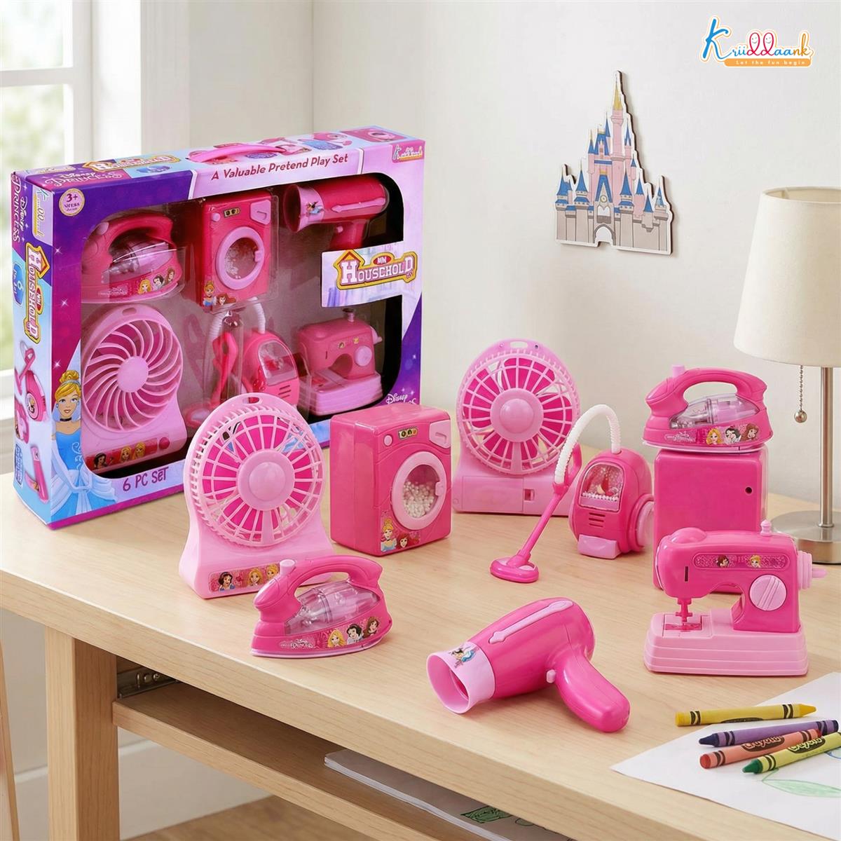Disney Princess 6-Piece Household Role Play Toy Set - Interactive Washing Machine, Vacuum, Sewing Machine & Accessories with Lights - Educational Pretend Play Kit for Kids Ages 3+