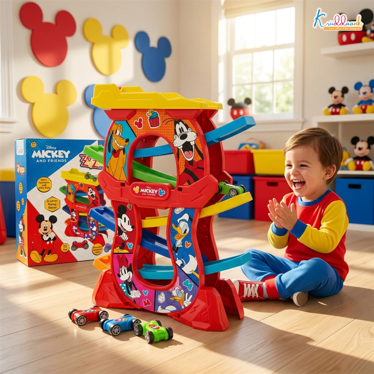 Mickey Zig Zag Zoomer Ramp Racer Car Track for Toddlers | 6-Level Lever Race Set with 4 Mini Vehicles | 15 Piece Educational Toy for Kids 3+ | Non-Toxic Mickey Mouse Themed Play Set