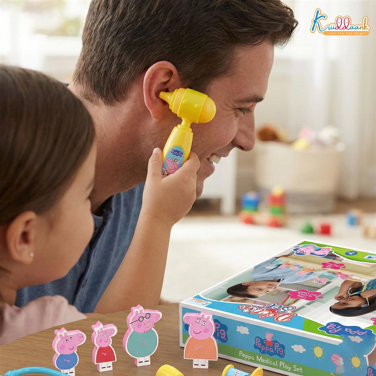 Kriiddaank Peppa Pig Medical Playset with 2D Family Figures, Doctor Kit for Kids Ages 3+, 12 Pcs Toy Set with Stethoscope, Lights & Sound Effects, Educational Pretend Play for Toddlers