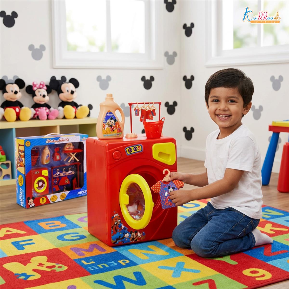 Kriiddaank Disney Mickey Washing Machine Set - 15 Pcs Kids Pretend Play Home Appliances with Music & Accessories - Educational Housekeeping Laundry Toy for Boys & Girls 3+ Years