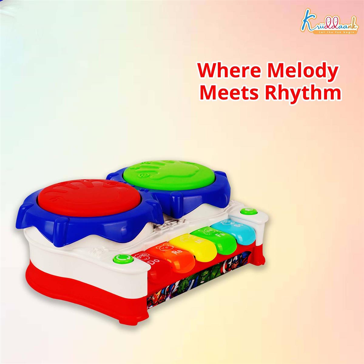 Marvel Avengers 2-in-1 Piano Drum Musical Toy for Kids | Interactive Electric Instrument with 3D Lights & Music | Educational Birthday Gift for Boys & Girls 3+ Years | Durable & Safe Play