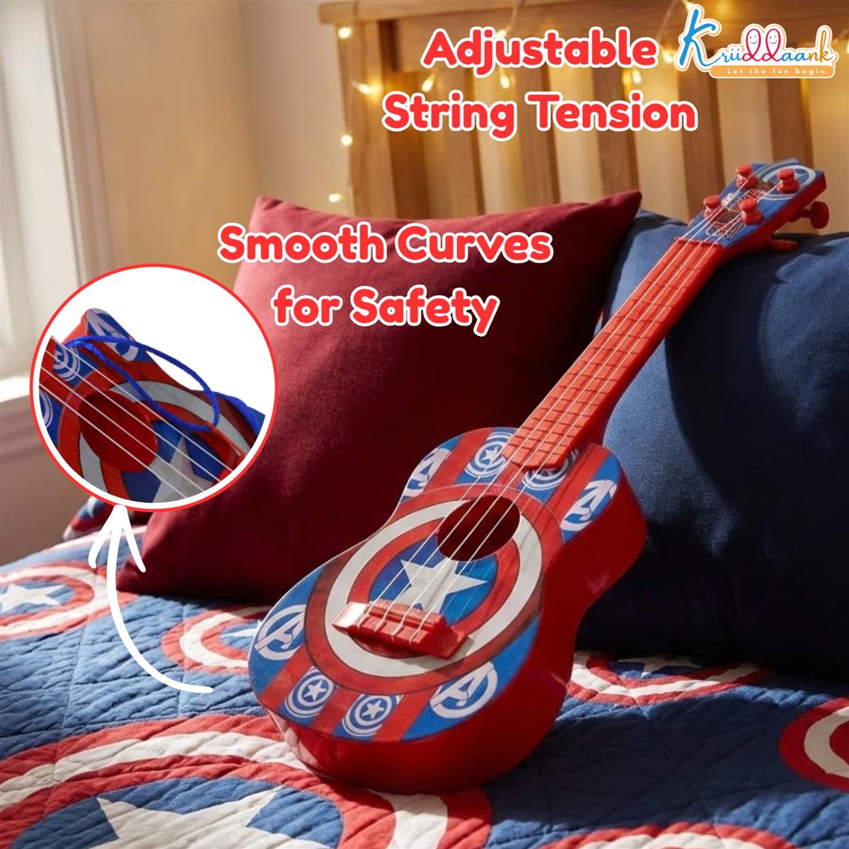 Marvel Avenger Theme 4-String Guitar for Kids - Small Electric & Classical Style Toy Instrument for Beginners - Fun Educational Musical Toy for Boys & Girls Age 3+ - Red