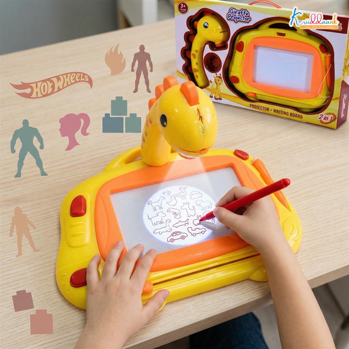 Kriiddank Giraffe Toy Projector Drawing Set for Kids - 2-in-1 Art Table & Writing Board with 24 Patterns, 3 Slides, Markers & Eraser - Educational Creative Tracing Toy for Boys & Girls 3+ Years