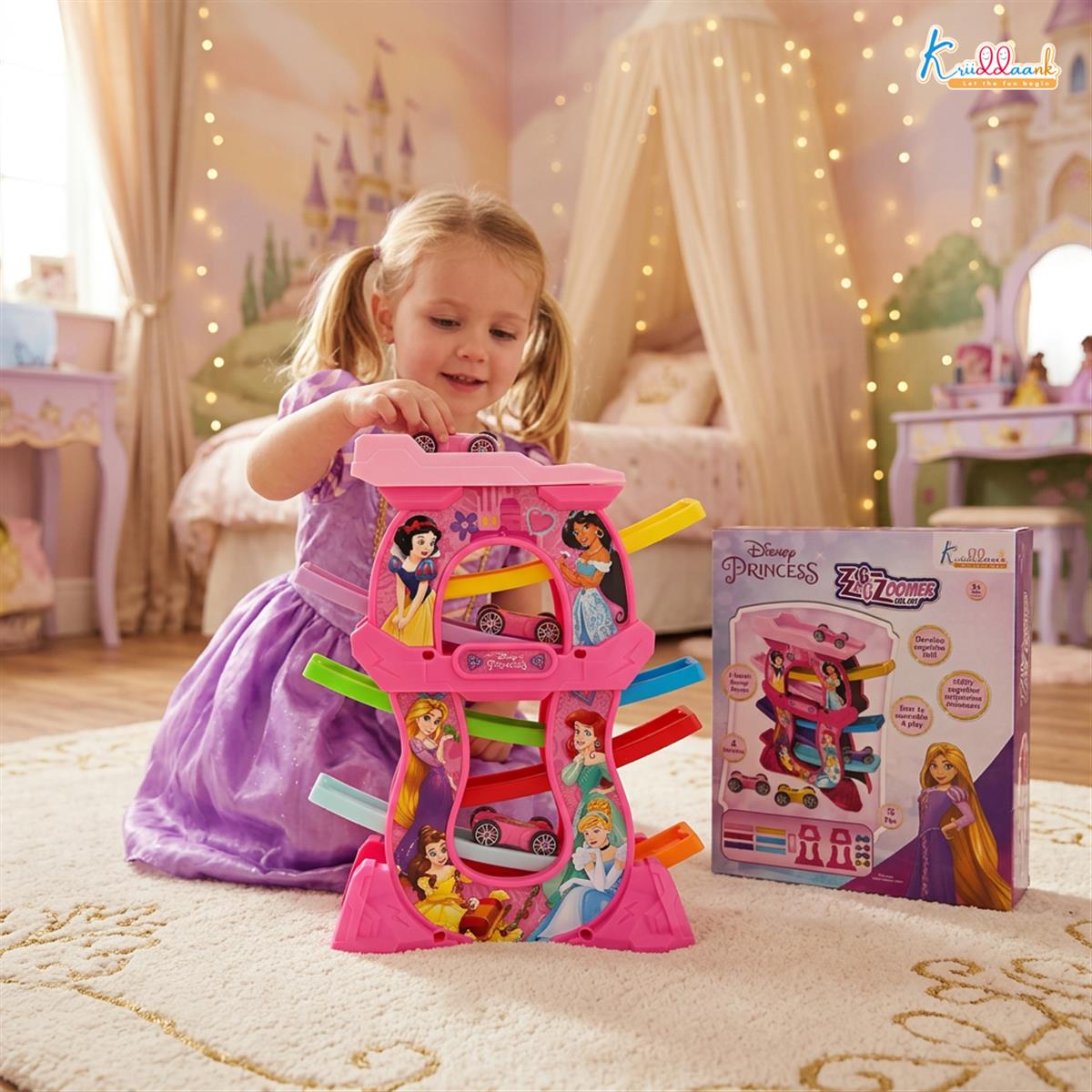 Princess Zig Zag Zoomer Ramp Racer Car Track for Toddlers - 15 Piece 6-Level Lever Toy with 4 Mini Vehicles, Non-Toxic Pink Race Track Playset for Girls 3+ Years Old