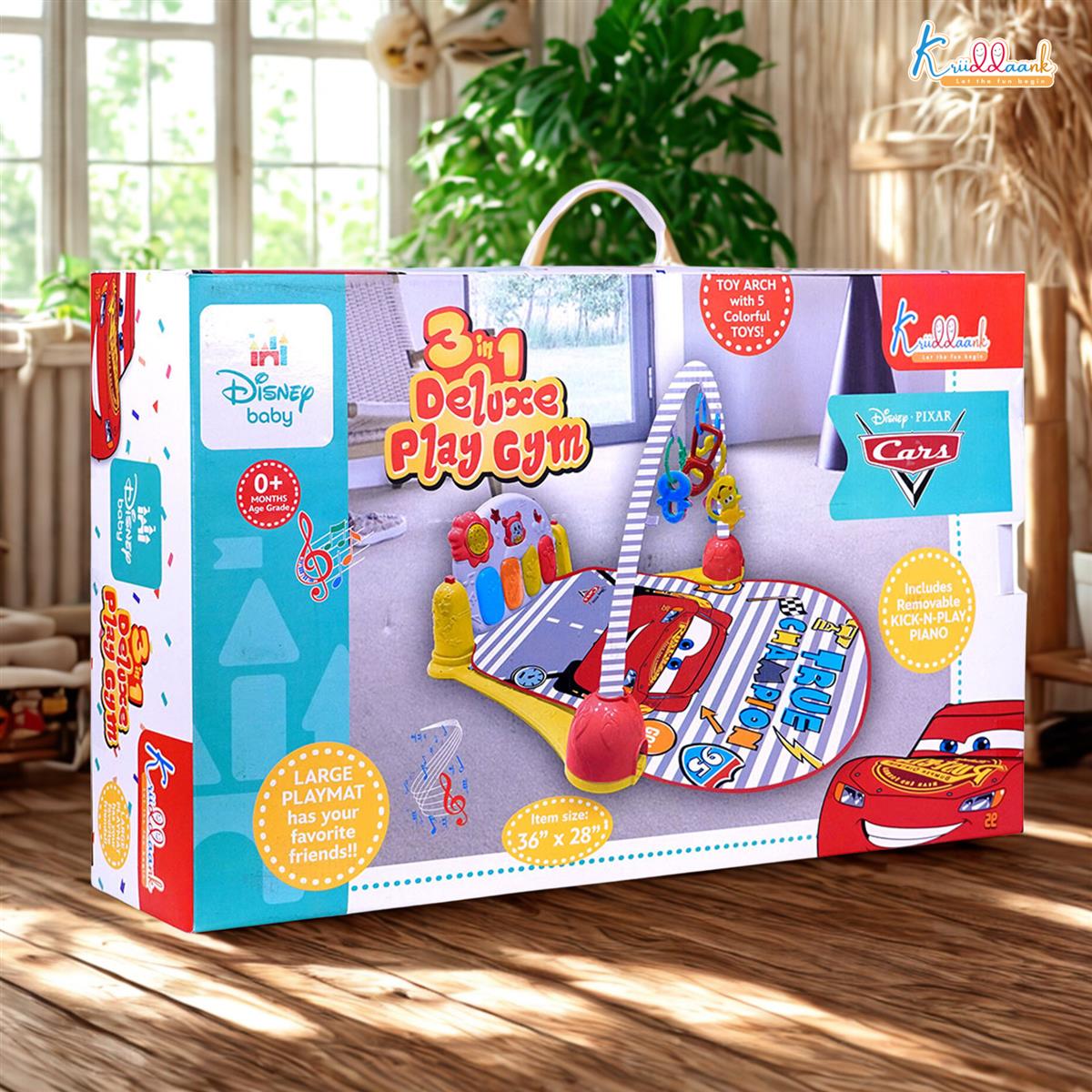 Disney Cars Theme Musical Baby Gym for Infants â€“ Activity Play Mat with Kick & Play Piano Keyboard, Lights, Music & Hanging Rattles, Developmental Sensory Toy for Boys & Girls (0-3 Years)