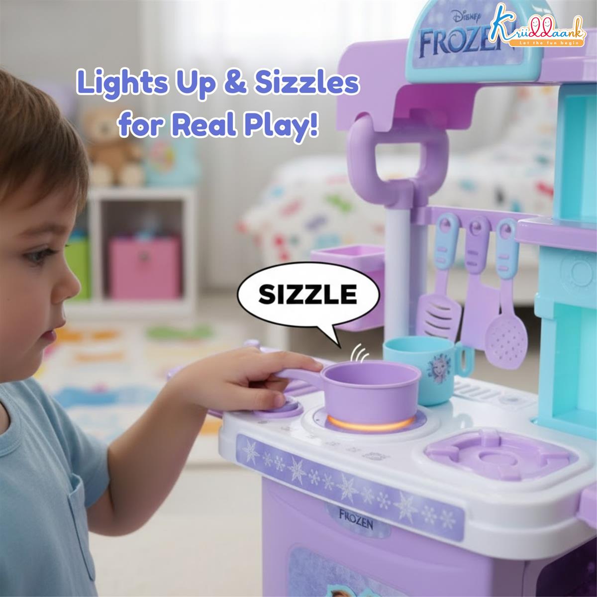 Kriiddaank Frozen Theme Kitchen Set for Girls - Elsa & Anna Inspired Portable 2-in-1 Playset with Trolley Bag, Lights, Music & 20 Accessories - Pretend Play Cooking & Baking Toy for Kids 3+ Years