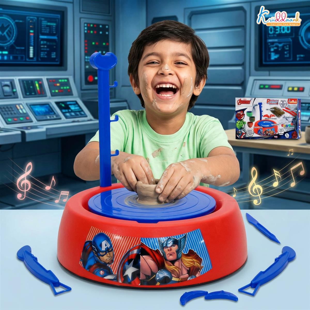 Marvel Avengers Theme Pottery Wheel - Superhero Clay Art & Craft Kit for Kids 8+ | DIY Pottery Studio with 800g Clay, Paints & Tools | Educational & Creative Birthday Gift | Non-Toxic & Safe
