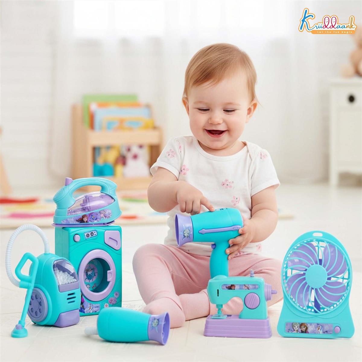 Frozen Theme Household 6pc Role Play Home Set - Battery Operated Kids Home Appliances with Washing Machine, Vacuum Cleaner, Sewing Machine & Fan - Educational Toy Gift for Kids 3+ Years (Multicolor)
