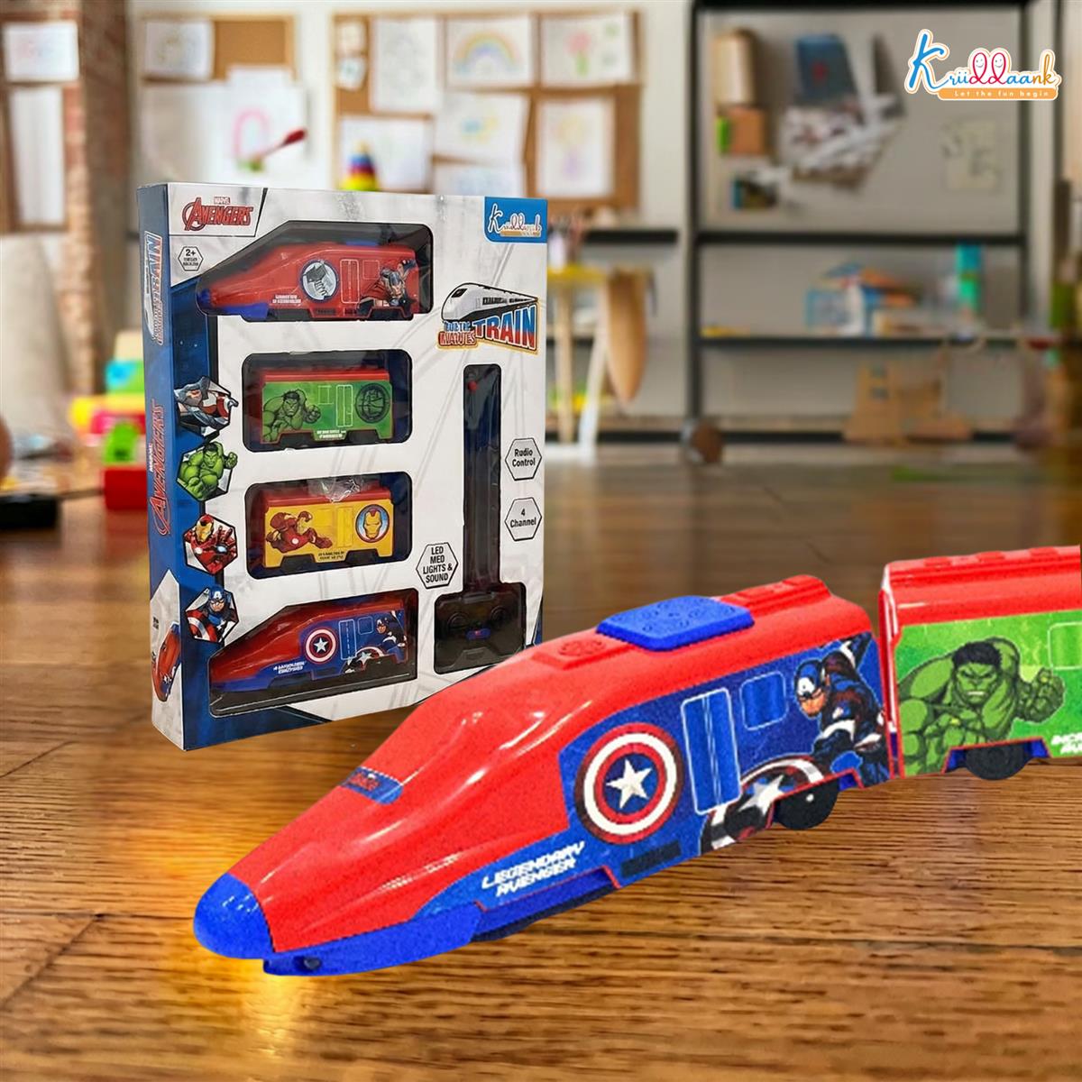 Kriiddaank Avengers Theme RC Train Toy for Kids - Rechargeable Remote Control EMU Express Train with LED Lights & Sound Effects, Superhero Railway Set for Boys & Girls 3+ Years (Blue)