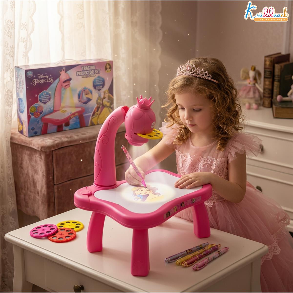 Kriiddaank Disney Princess Tracing Projector for Kids - Drawing Set with 24 Patterns, Stencils & Markers - Creative Art Toy for Girls 3+ Years, Adjustable Focus, Pink Battery Operated Drawing Desk