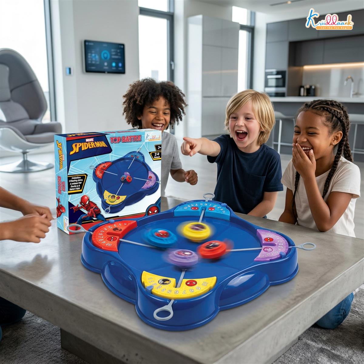 Kriiddaank Spiderman-Inspired Spinning Top Set - 5-Piece Battling Toy for Kids 5+, Includes Arena Base, 4 Rip Cords & 4 Color Tops, Action-Packed Multiplayer Fun for Boys & Girls