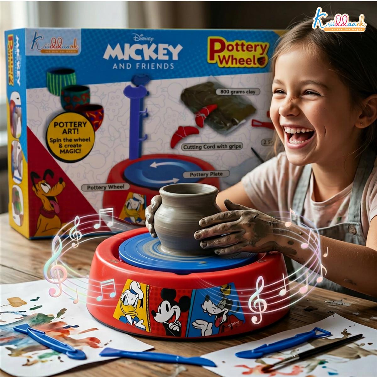 Disney Mickey Mouse Pottery Wheel Modeling Set - Complete Arts & Crafts Clay Sculpting Kit with 800g Clay, Paints & Tools - Educational DIY Gift for Boys & Girls 8+ Years - Battery Operated