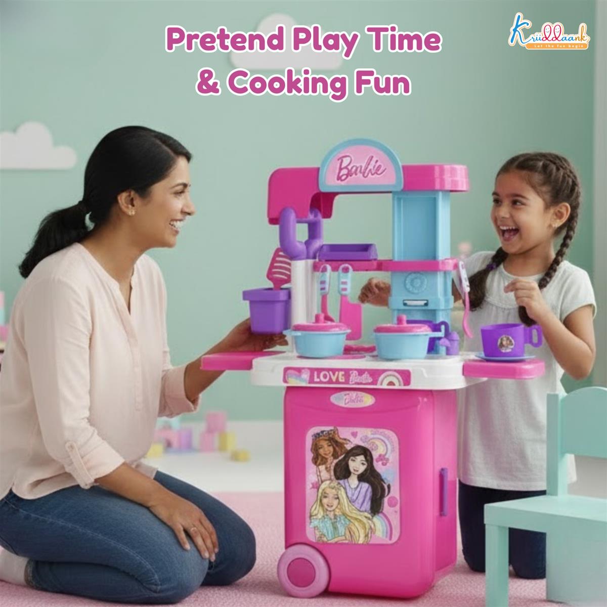 Kriiddaank Mattel Barbie Kitchen Set - Portable 2-in-1 Trolley Playset with Lights, Sound & 20 Accessories for Girls - Realistic Cooking & Baking Toy Gift for Kids 3+ Years