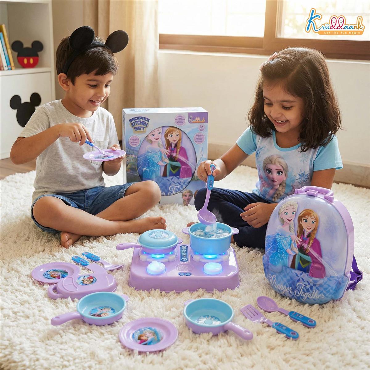 Kriiddaank Frozen Backpack Kitchen Set for Kids - 21 Pcs Pretend Play Cooking Toy with Music & Accessories, Portable Carry Case Playset for Girls 3+ Years (Turkish Blue)