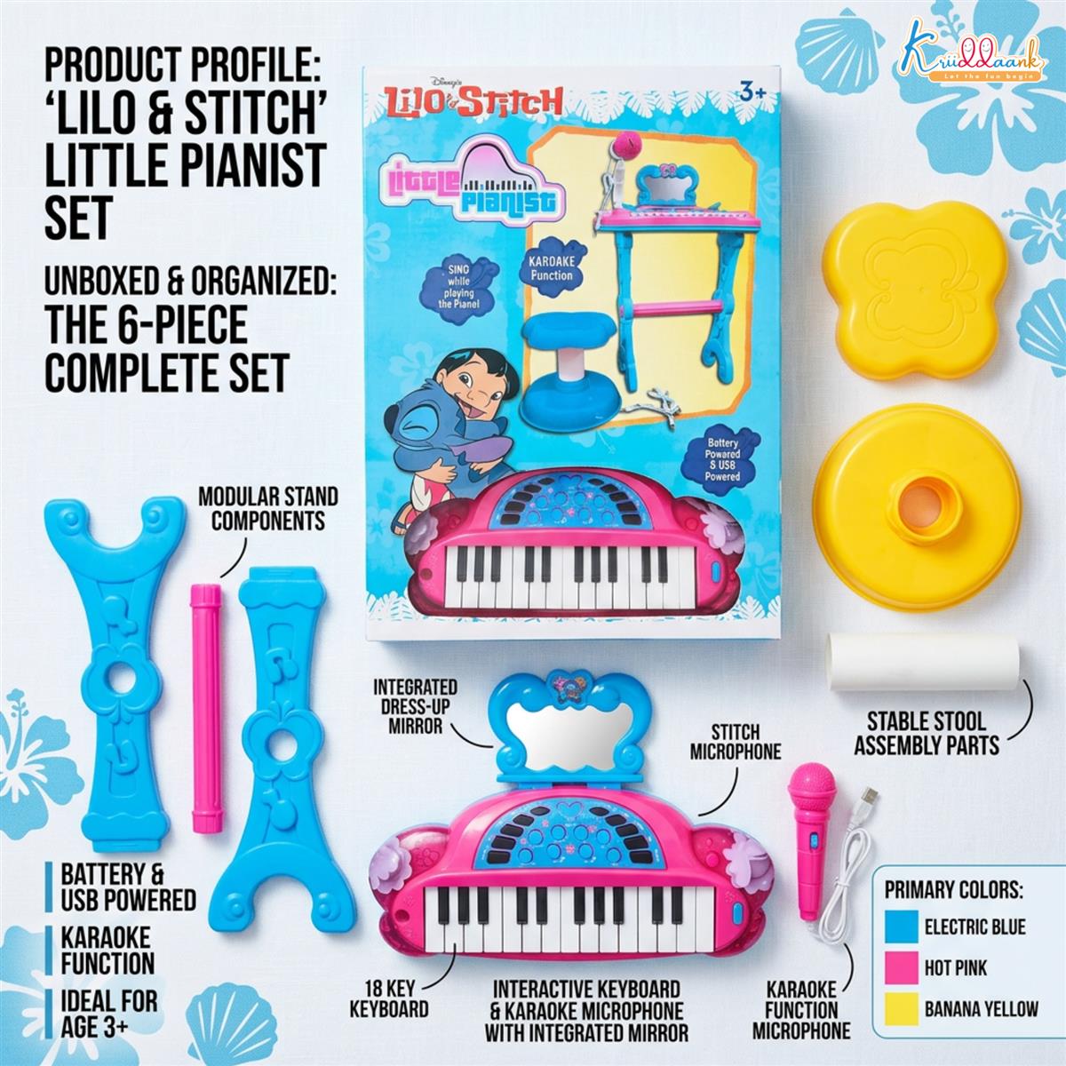 Disney Stitch Theme Little Pianist Keyboard Set for Kids - 25 Keys Piano with Microphone, Stool, & Dress-Up Accessories - Karaoke Function, USB/Battery Powered Musical Toy for Boys & Girls 3+