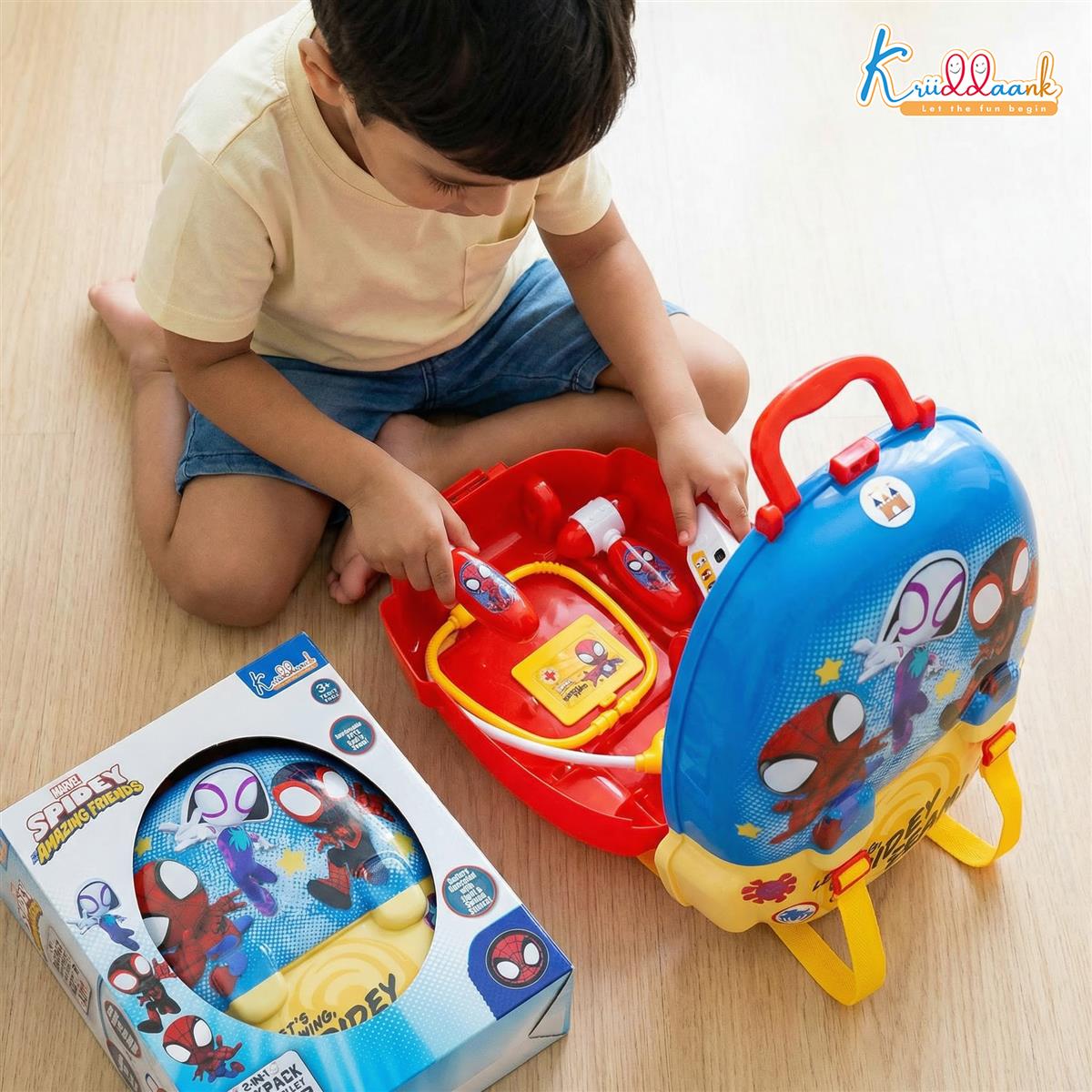 Spiderman Battery Operated Doctor Suitcase Play Kit for Kids 3+ Years - 2-in-1 Backpack Medical Set with Light & Sound Stethoscope, 8 Realistic Pieces, Pretend Play Roleplay Toy for Boys - Blue