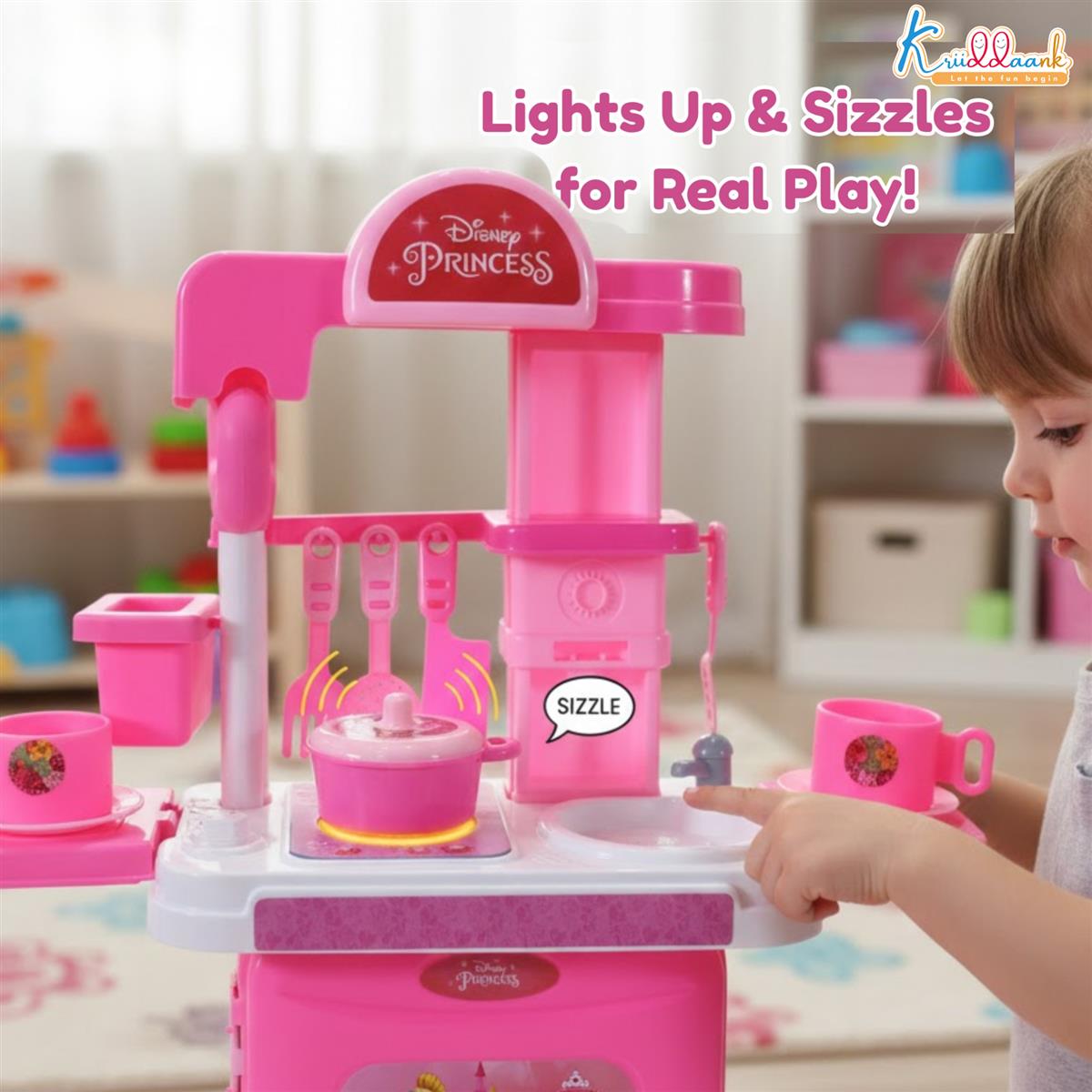 Kriiddaank Disney Princess Kitchen Set - 20 Pcs Portable Pretend Play Toy with Trolley Bag, Music & Lights, Cooking & Baking Playset for Girls Ages 3+, Pink