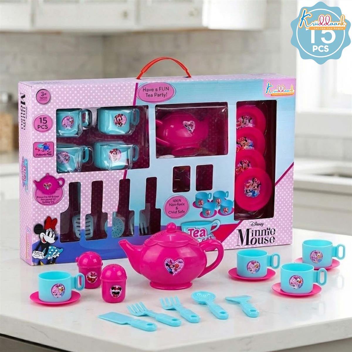 Minnie Mouse 15-Piece Tea Party Set for Kids - Pretend Play Kitchen Toy with Electronic Kettle, Realistic Boiling Sounds & Lights - Safe, Non-Toxic Birthday Gift for Girls & Boys, Ages 3+