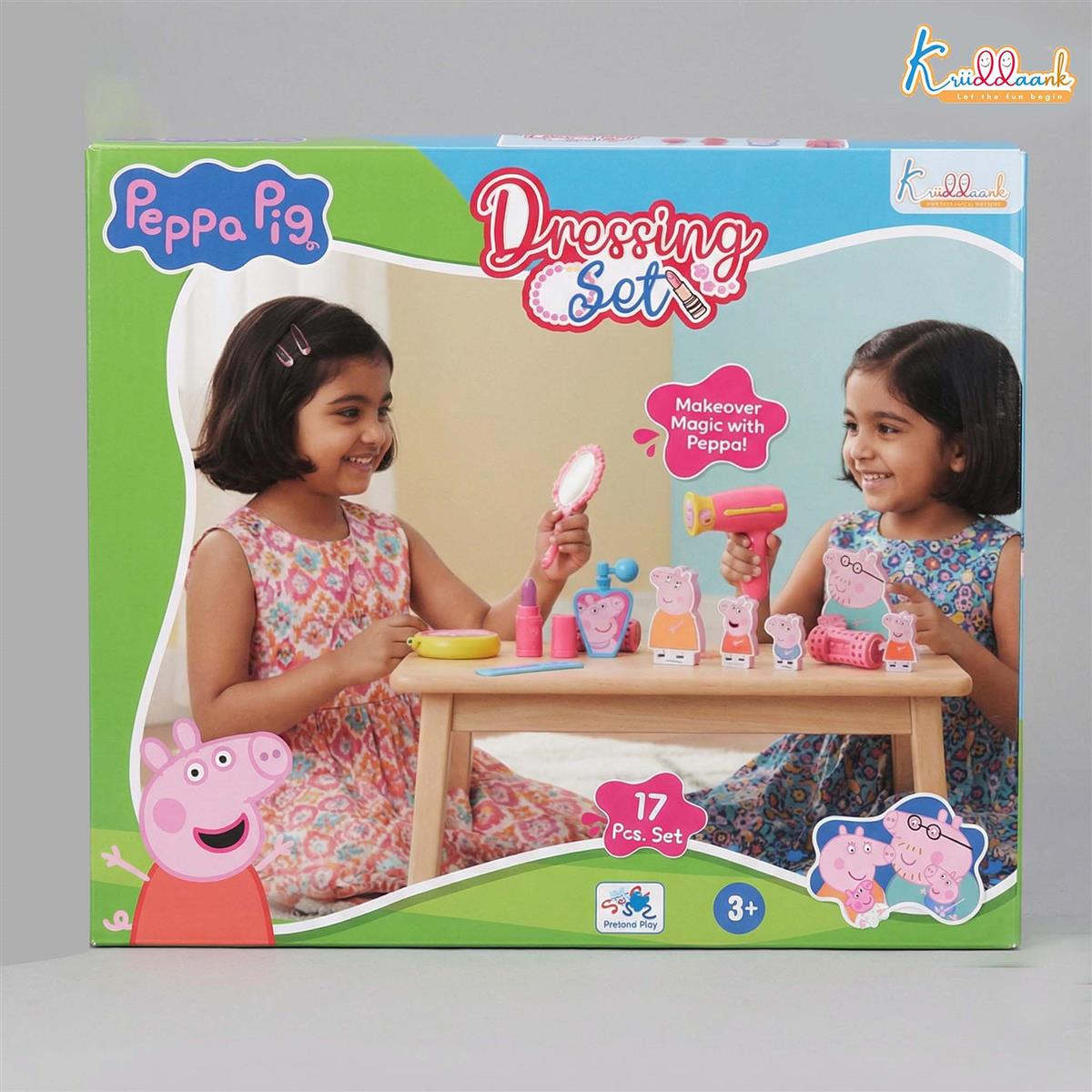 Kriiddaank Peppa Pig Dressing Table Set - 17 Pcs Beauty & Makeup Playset with 2D Family Figures (Peppa, George, Mummy & Daddy Pig) - Preschool Toy for Kids Ages 3+ - Multicolor