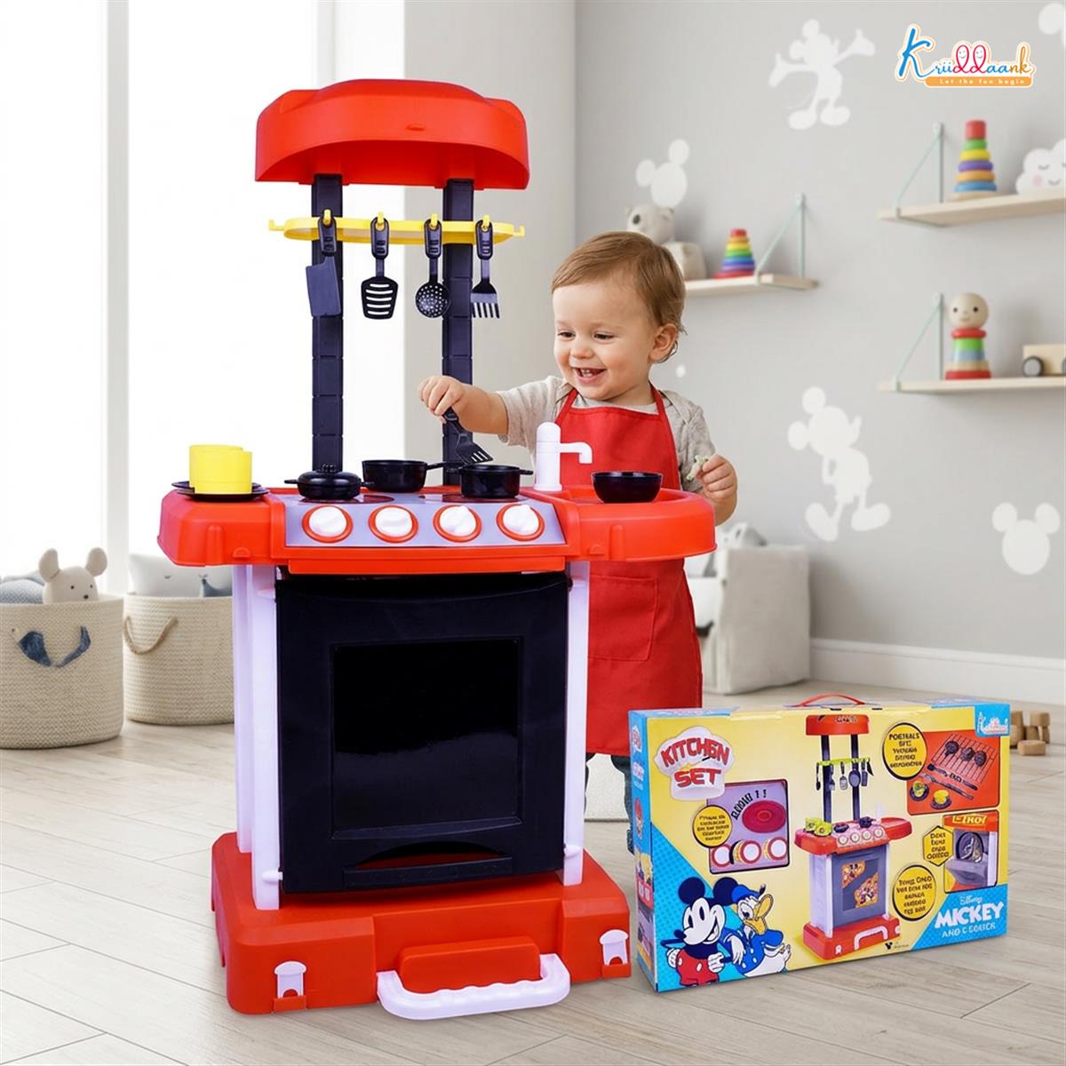 Kriiddaank Mickey Mouse Themed Kitchen Set for Kids - Portable Disney Pretend Play Cooking Toy with Oven, Gas Stove, Sink, Lights & Sound - Includes 18 Accessories - Ideal Gift for Ages 3+