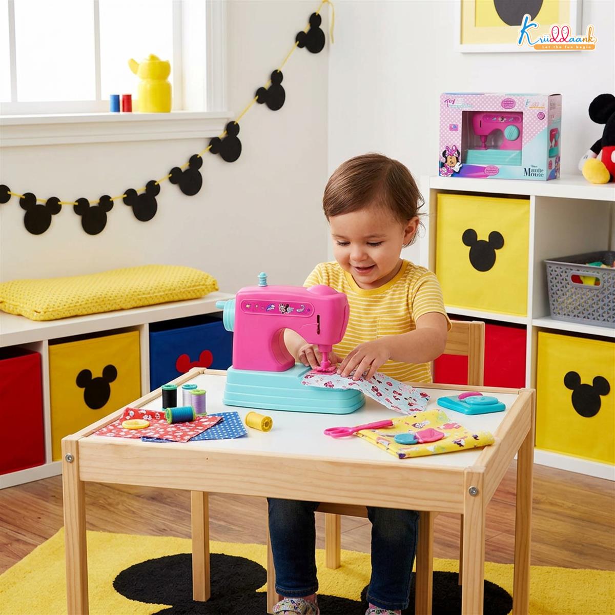 Kriiddaank Minnie Mouse Theme Mini Sewing Machine Toy for Kids 3+, Pink Educational Pretend Play Household Toy with Interactive Buttons, Battery Operated Role Play Toy for Girls