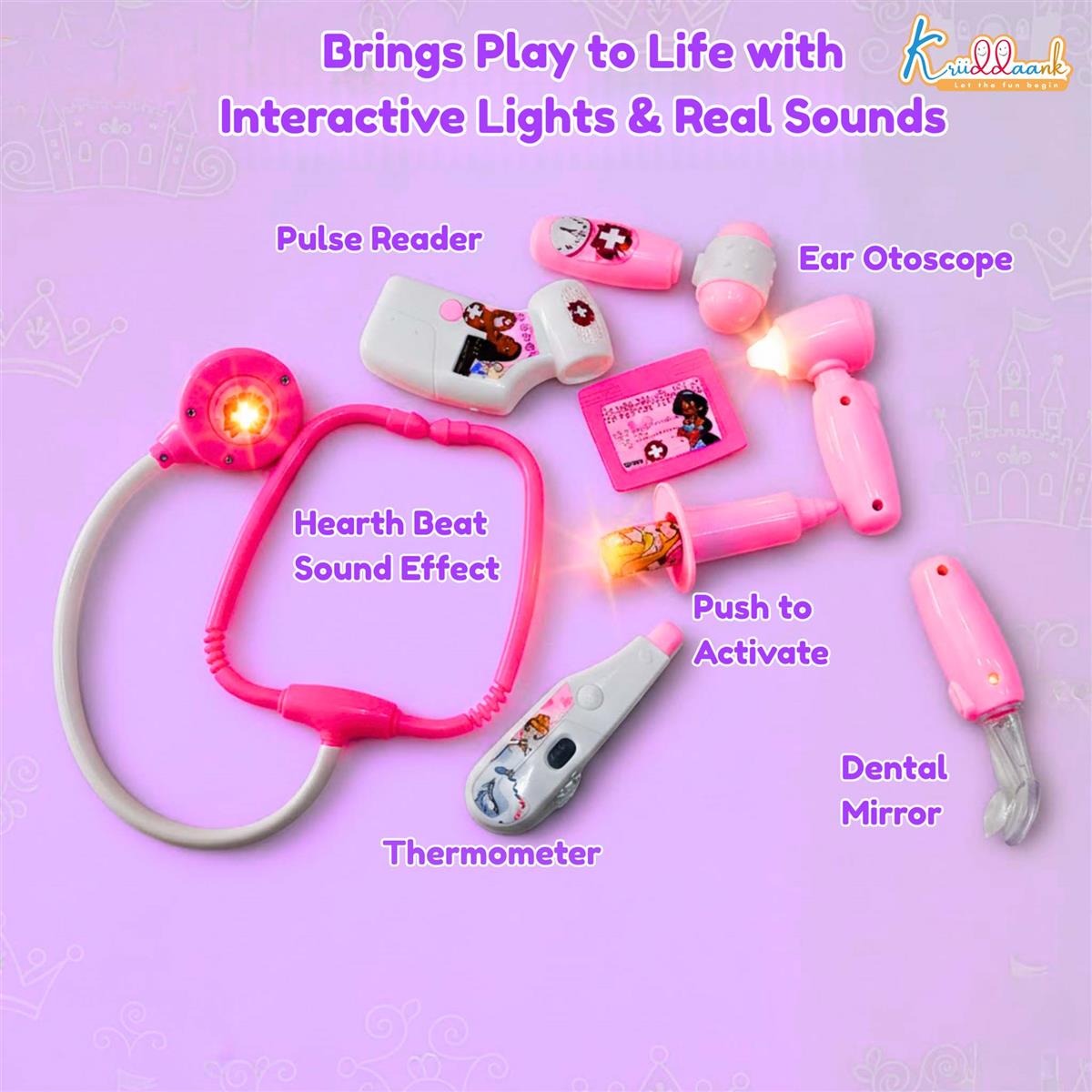 Disney Princess Backpack Doctor Gift Set for Girls - 8-Piece Kids Medical Kit with Interactive Stethoscope, Light & Sound Effects - Fun Educational Pretend Play Toy for Ages 3+