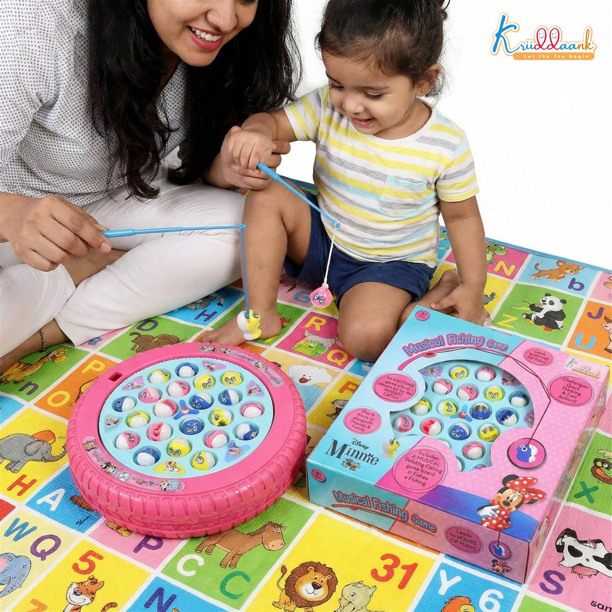Kriiddaank Minnie Mouse Musical Fishing Game - Rotating Battery Operated Pond with 21 Fish & 4 Fishing Poles - Pink Educational & Interactive Toy for Kids and Toddlers Ages 3+