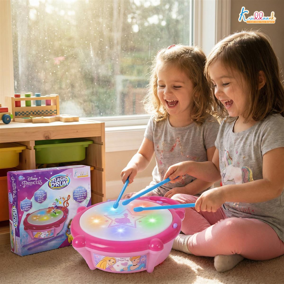 Disney Princess Flash Drum Toy for Girls - Musical Light-Up Drum with 3D LED Lights, 9 Songs & Drum Sounds, 3 Modes - Interactive Educational Toy for Kids Aged 3+ Years (Pink)