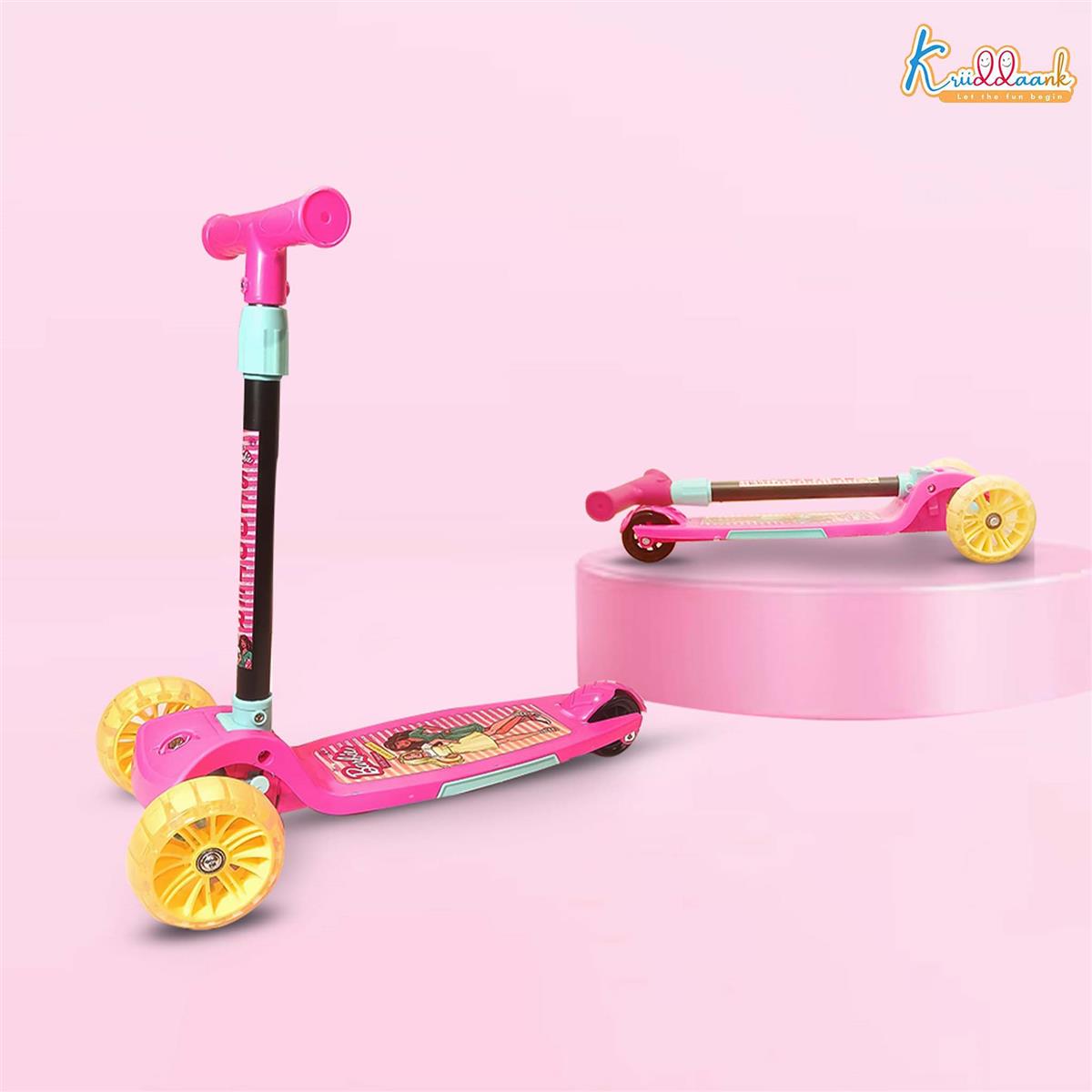 Kriiddaank Barbie Adventure 3-Wheel Kick Scooter for Kids (Ages 3-12), 5-Level Adjustable Height & Easy Fold Design, PVC Wheels, 25kg Weight Capacity, Pink