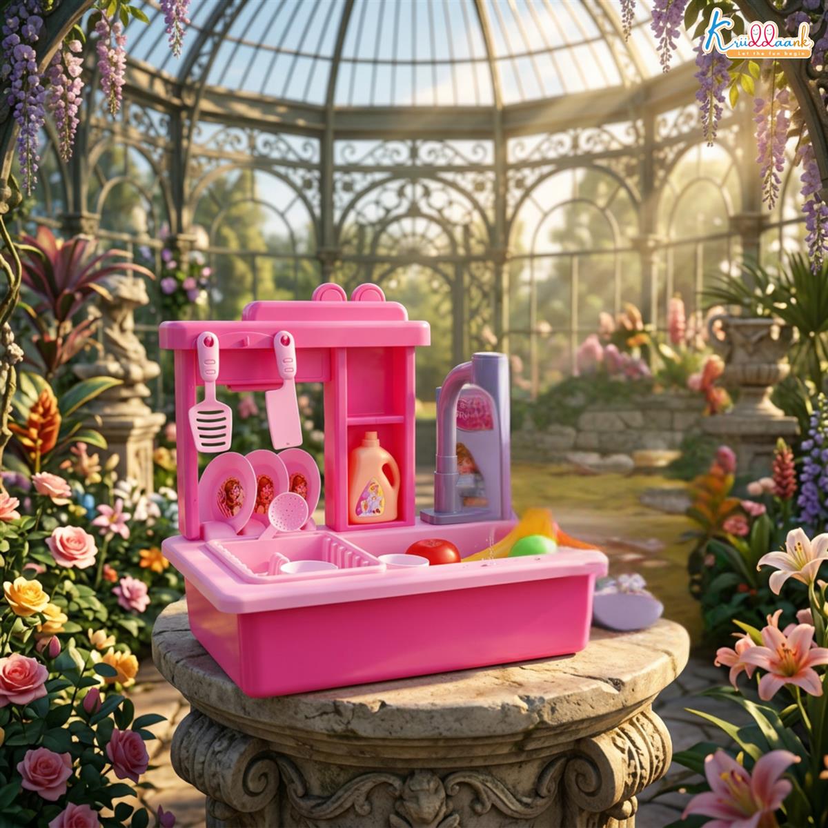Kriiddaank Disney Princess Kitchen Toy Set for Girls with Running Water Sink, Electronic Kettle with Light & Sounds, 22-Piece Pretend Play Cooking & Baking Playset, Educational Toy for Kids 3+