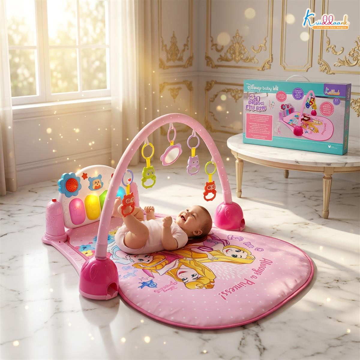 Disney Princess Theme Musical Baby Gym with Piano Keyboard, Lights & Hanging Rattles - Activity Play Mat for Infants & Toddlers (0-3 Years) - Pink