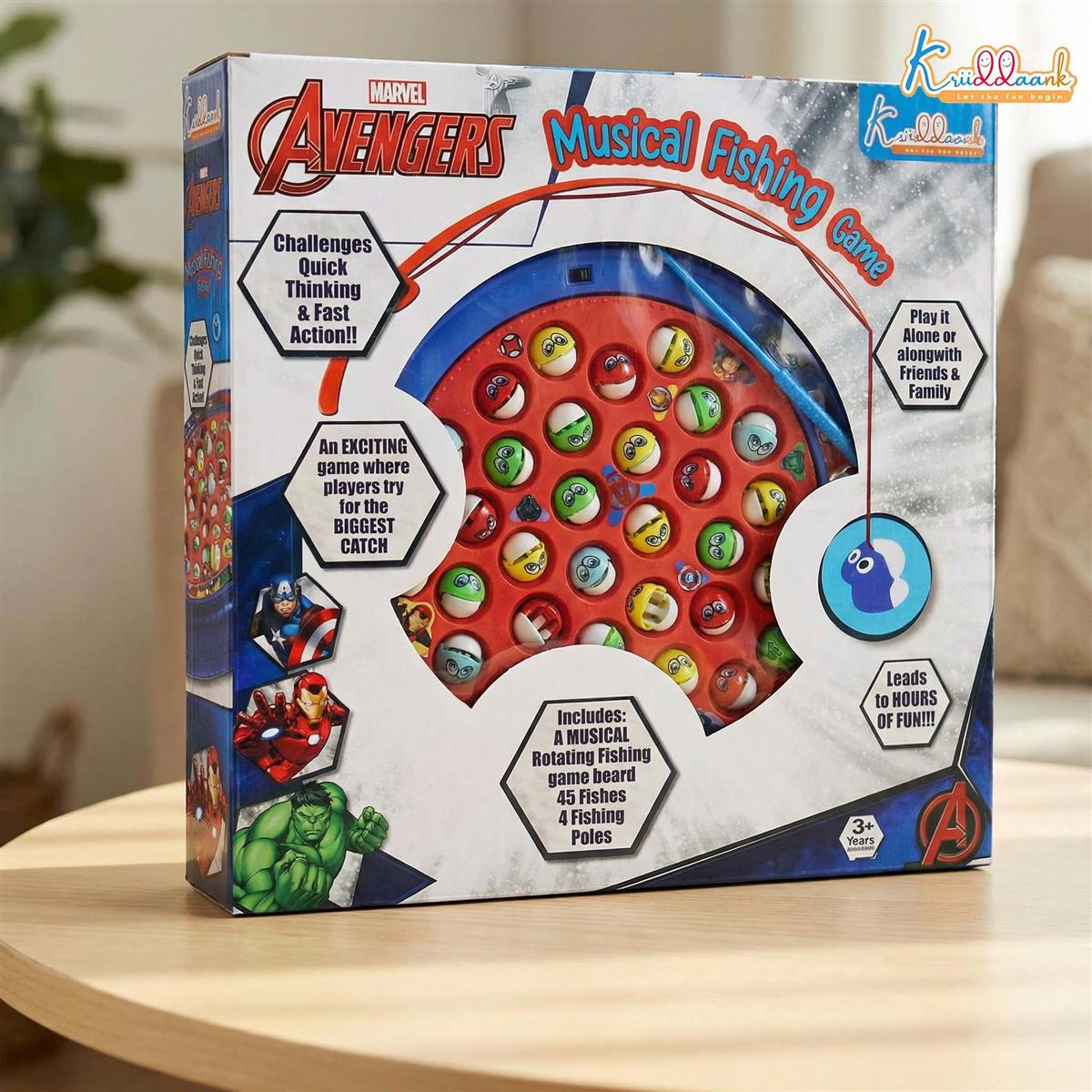 Avengers Musical Fishing Game for Kids - Electronic Rotating Board with 45 Fishes & 4 Poles, Battery Operated Interactive Educational Toy for Boys & Girls Age 3+ Years (Red Ocean Theme)