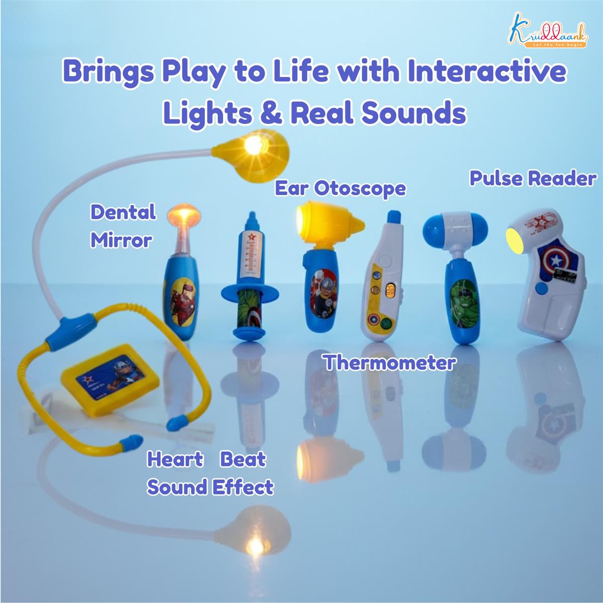 Marvel Avengers Doctor Kit with Polybag - 8 Piece Pretend Play Medical Set for Kids 3+ with Lights & Sounds, Interactive Stethoscope Superhero Toys, Fun Educational Roleplay Gift