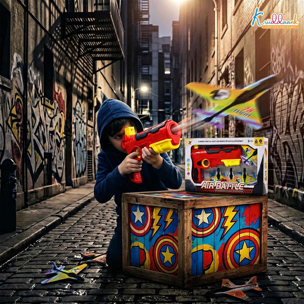 Kriiddank Bullet Airplane Launcher Gun Playset with Sound for Kids | Soft Bullet Blaster Toy with 4 Foam Glider Planes | Safe & Fun Shooting Action Toy for Boys & Girls 3+ Years Old