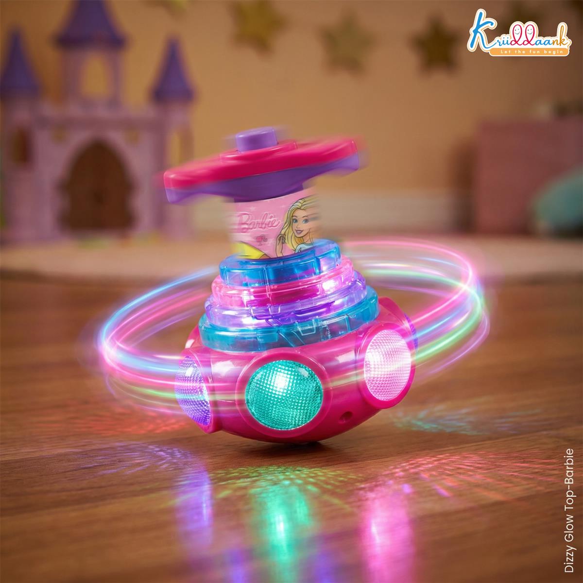 Dizzy Glow Top Barbie - Musical Spinning Top Toy with 360 Degree Rotation, Vibrant Flashing Lights & Sound Effects, Child-Safe Pink Battery Operated Toy for Kids 3+ Years Old