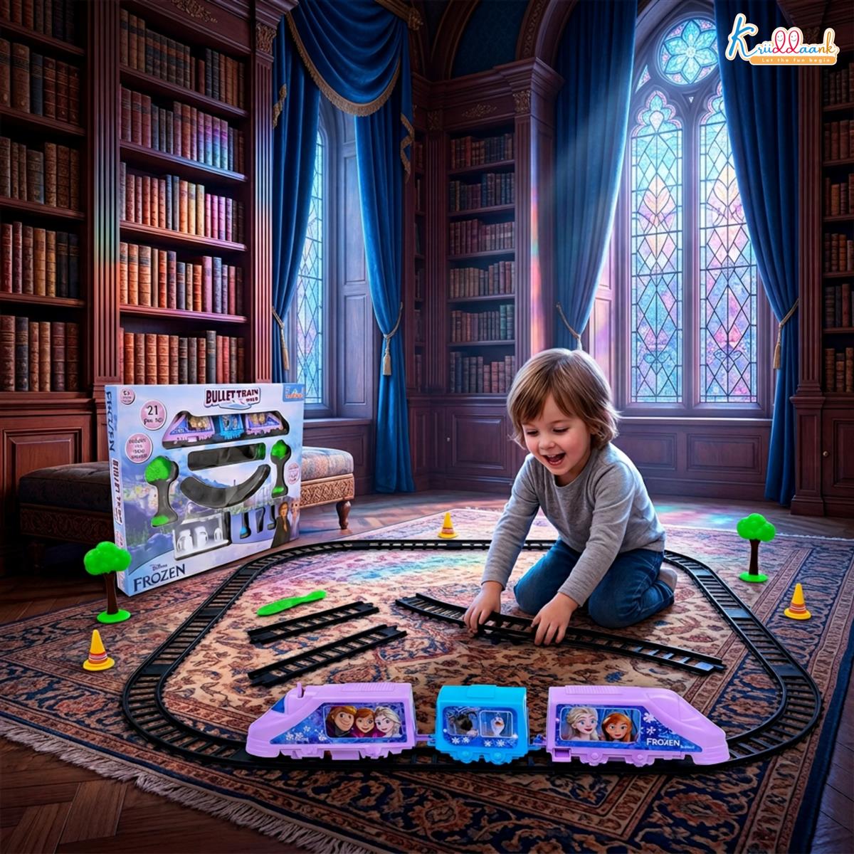 Kriiddaank Frozen Theme Train Set - Disney Elsa & Anna Battery Operated Toy Playset for Girls, 21 Pieces Easy-to-Assemble Tracks with Sound Effects, Educational Gift for Kids 3+ Years, Turkish Blue