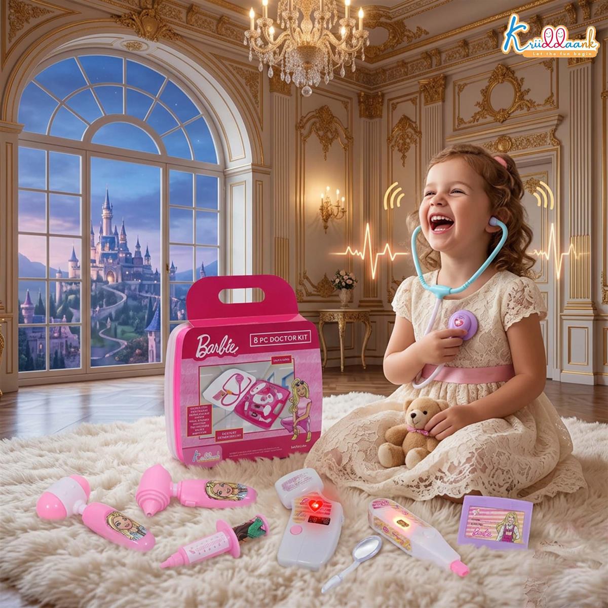 Barbie 8-Piece Doctor Set for Kids 3+ Years, Pink Medical Play Kit with Lights & Realistic Heartbeat Sounds, Non-Toxic Pretend Play Educational Toy Gift for Girls