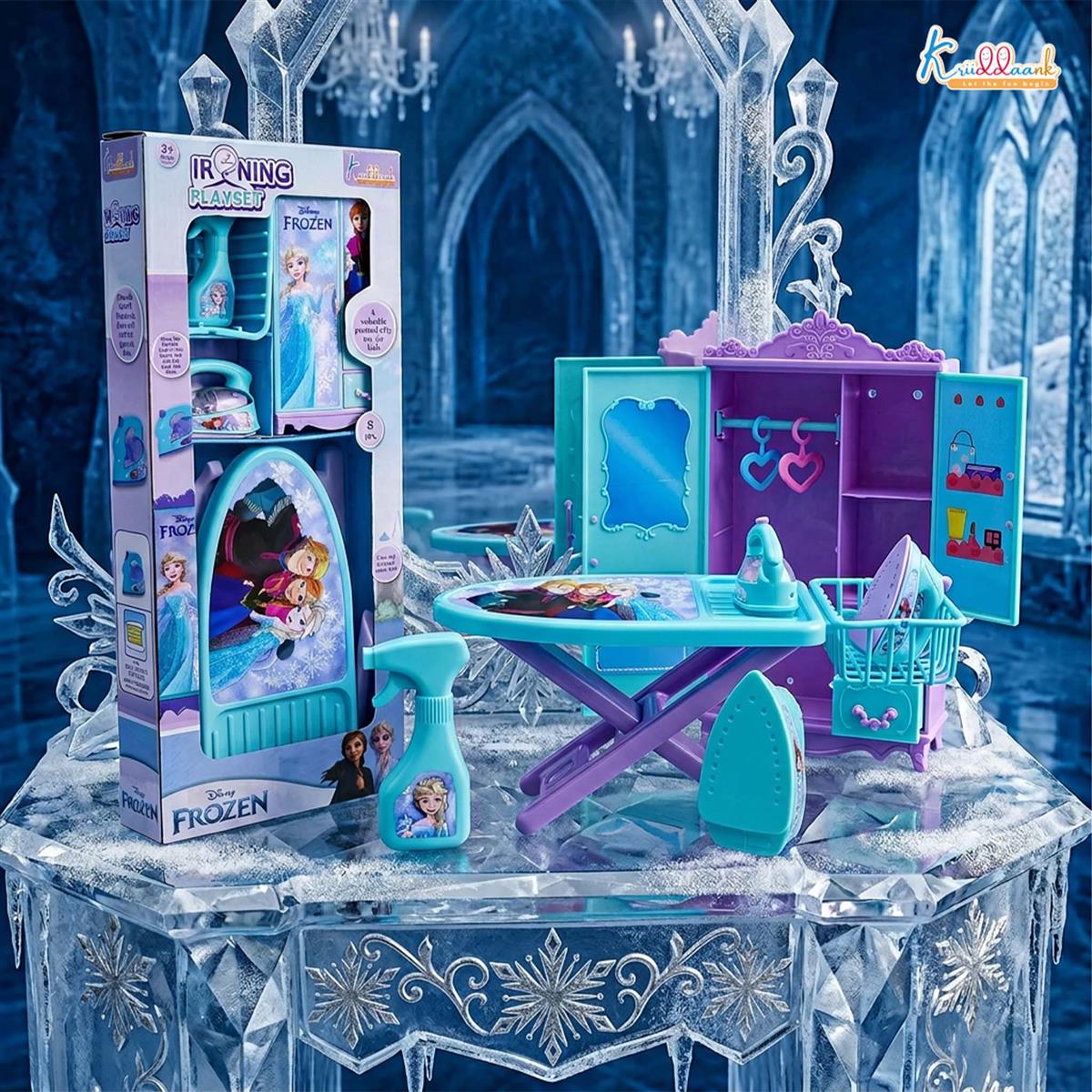 Frozen Portable Iron Playset with Elsa & Anna - 8-Piece Ironing Toy Set with Realistic Light, Sound & Accessories - Educational Pretend Play Household Toy for Kids & Toddlers 3+