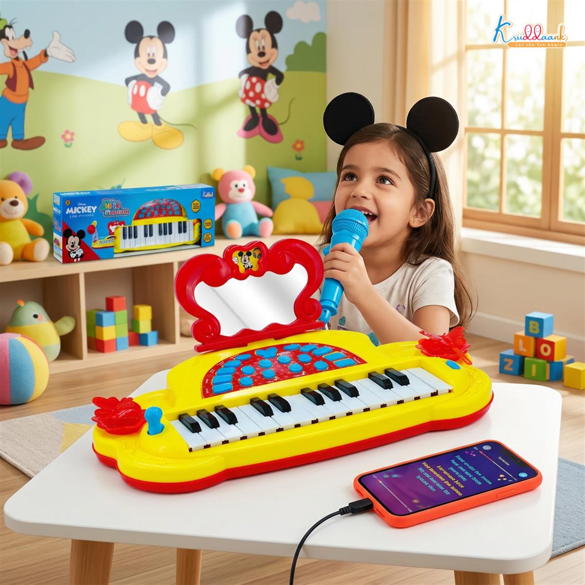 Mickey Mouse Theme Junior Musician Piano & Drum Set for Kids | Karaoke Microphone, 25 Songs & MP3 Connectivity | Early Learning Musical Toy for Toddlers 3+ | USB & Battery Powered (Red)