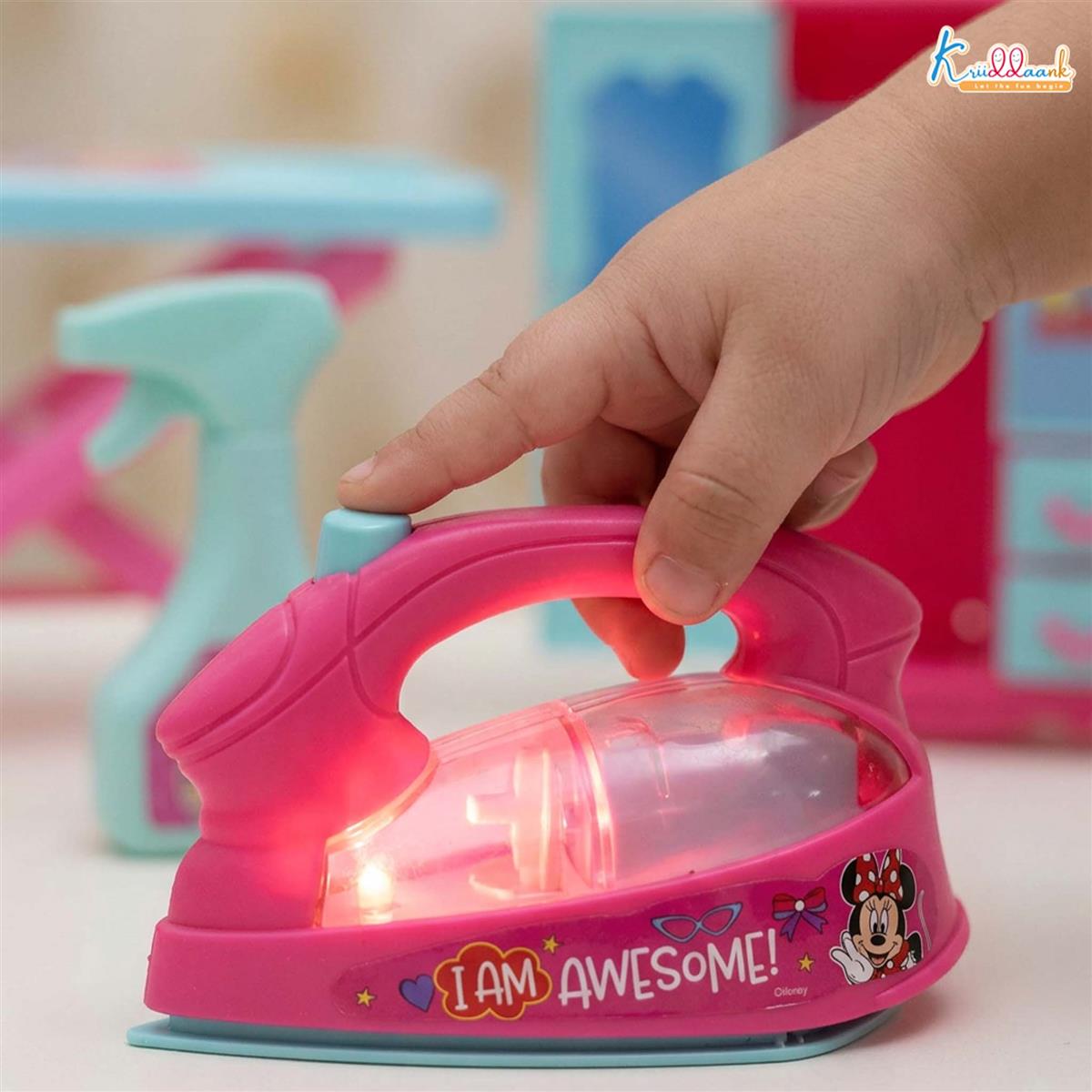 Minnie Mouse Iron Playset for Kids - 8 Piece Portable Ironing Stand & Cupboard Set with Lights & Sounds - Pink Pretend Play Household Toy with Water Spray, Basket & Hanger for Girls Age 3+