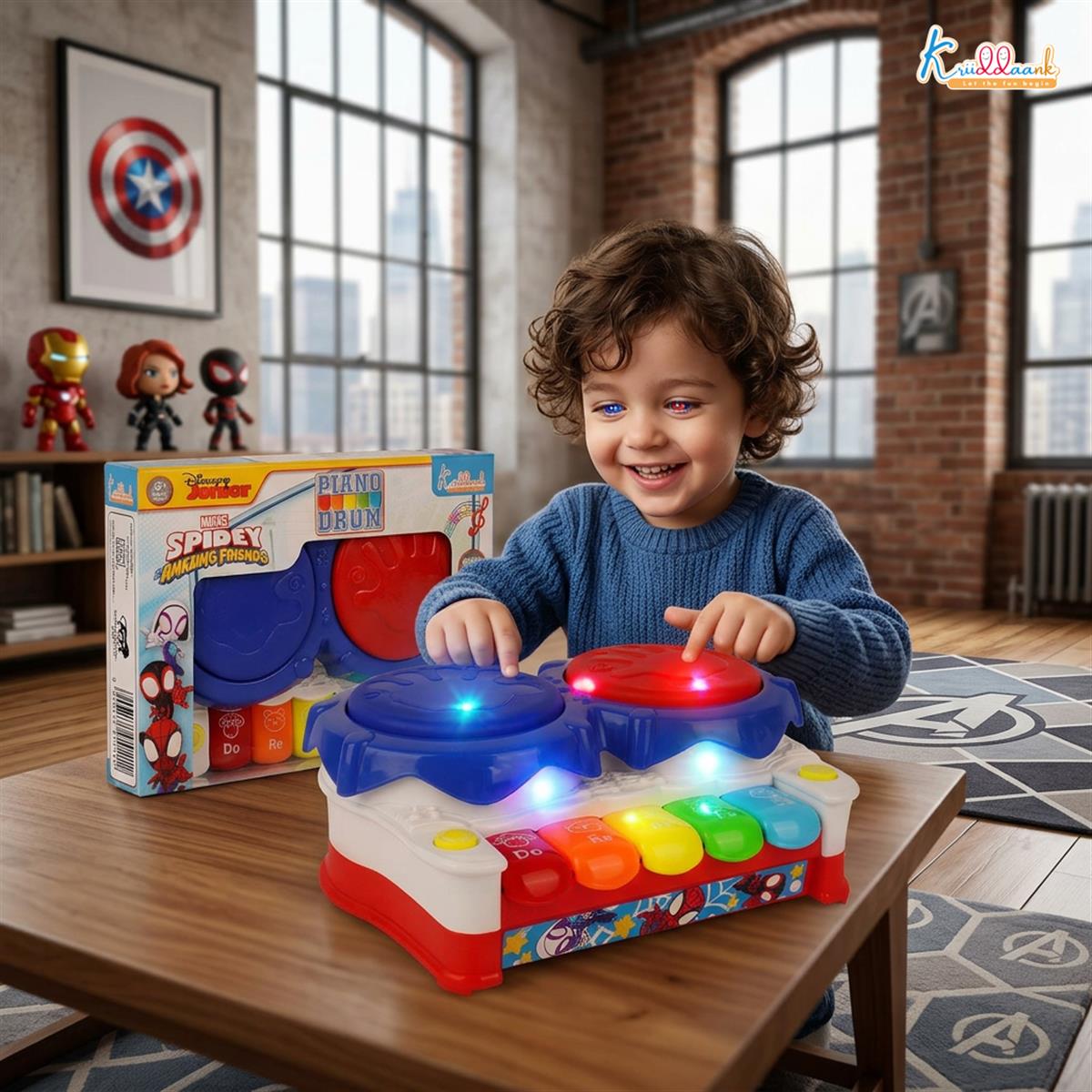 Spiderman Theme 2-in-1 Drum and Piano Music Toy for Kids - Interactive Musical Instrument Kit with 3D Lights & Sound, Educational Superhero Gift for Boys and Girls Ages 3+
