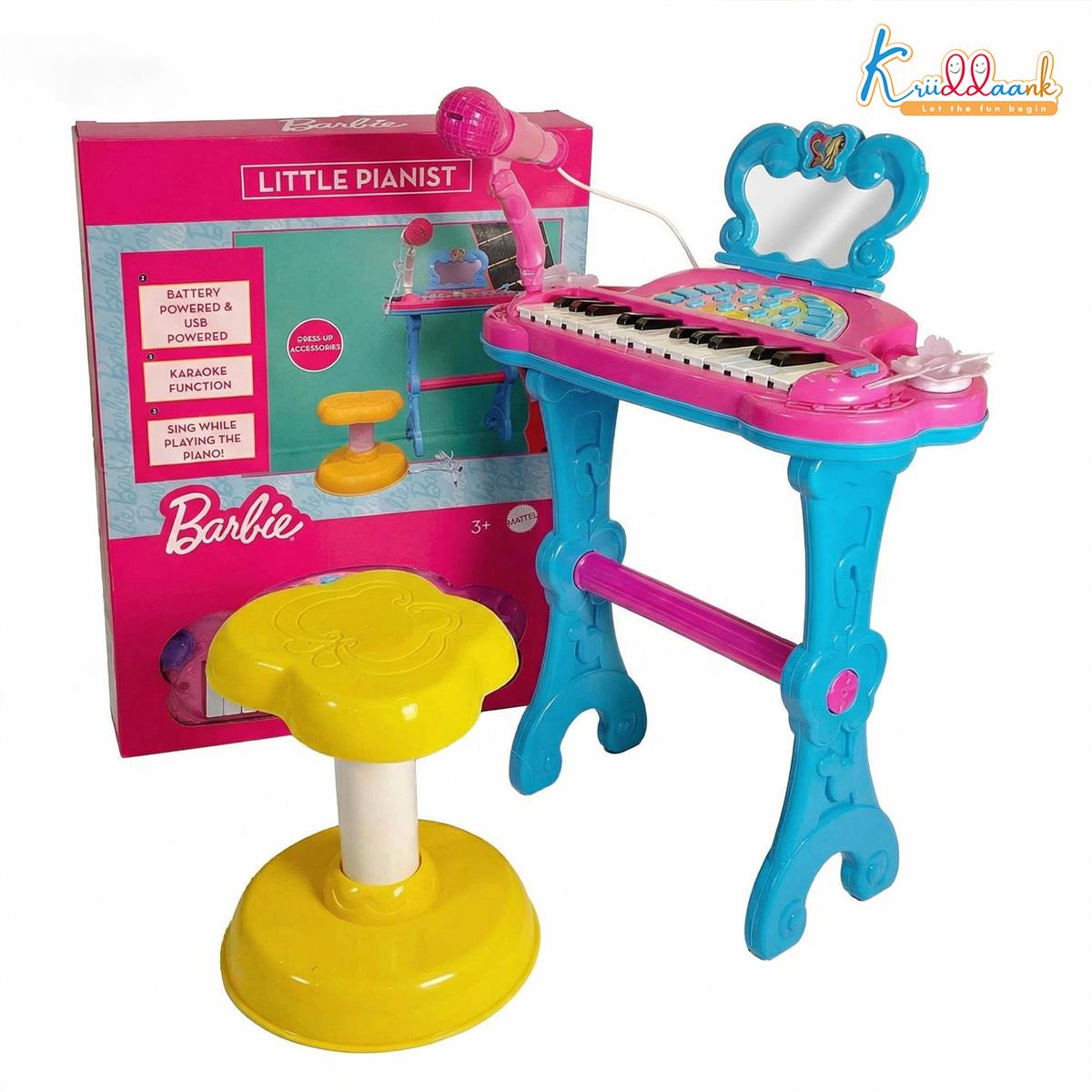 Mattel Barbie Theme Little Pianist Keyboard with Microphone & Stool - Dual Power (USB/Battery), Karaoke Mode, 25 Inbuilt Tunes - Pink Musical Toy for Girls 3+ Years
