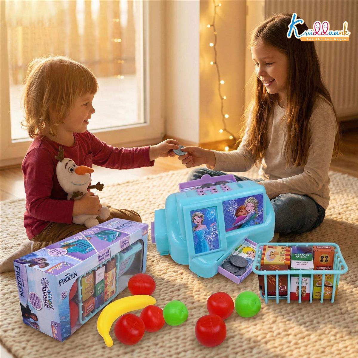 Disney Frozen Cash Register for Kids - 29 Pcs Pretend Play Set with Credit Card Scanner, Music & Sound Effects - Educational Math & Money Learning Toy for Girls & Boys 3+ Years - Turkish Blue