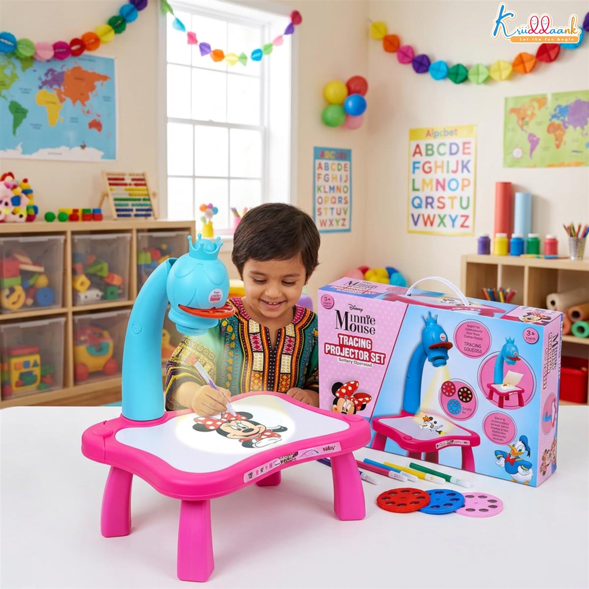 Kriiddaank Minnie Mouse Tracing Projector Set for Kids - Drawing Projector with 24 Patterns, 3 Stencil Slides, Markers & Paper - Creative Art & Craft Educational Toy for Girls Ages 3+ (Pink)